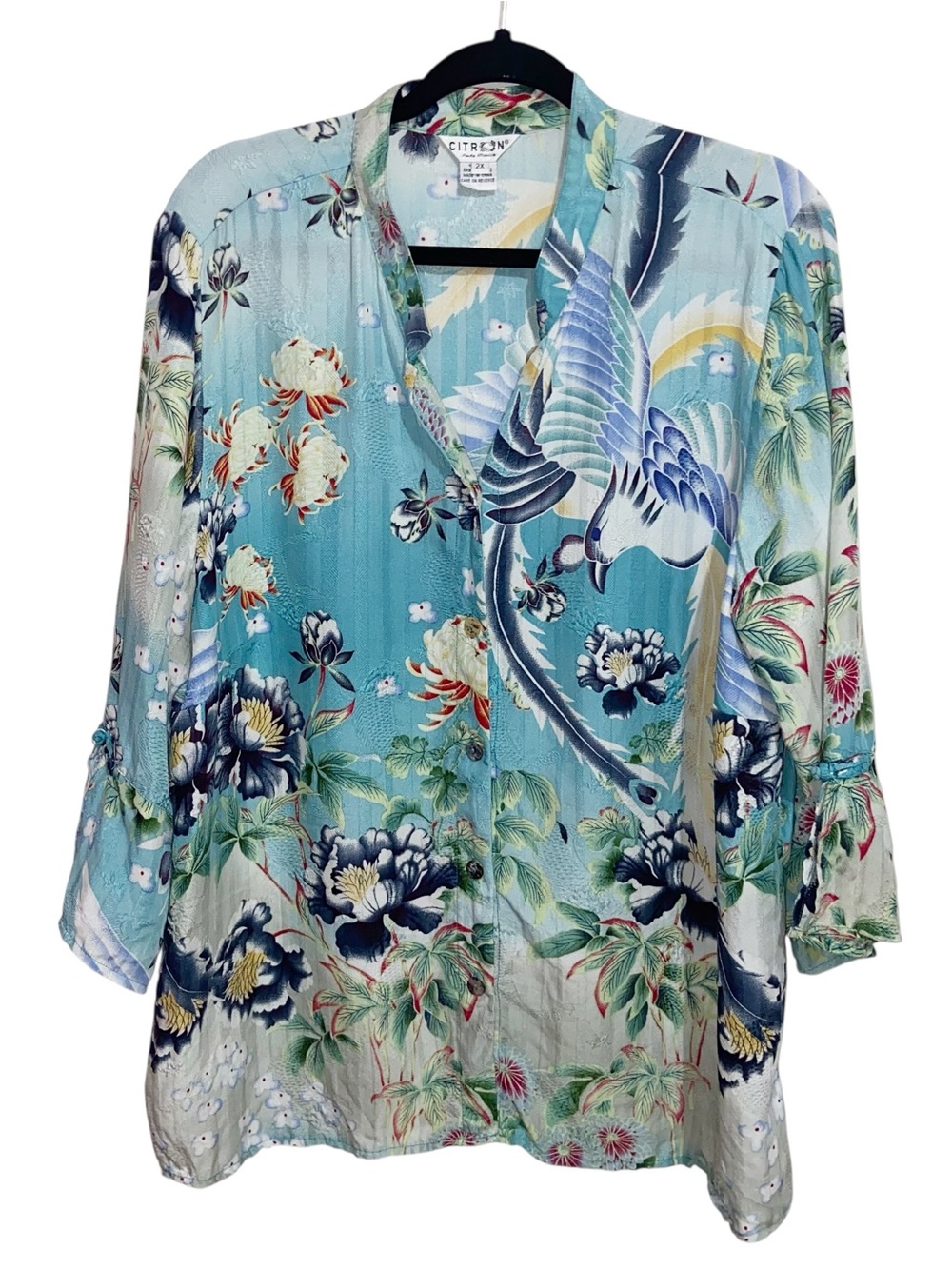 CITRON Santa Monica Top Womens Plus Size 2X Button Blouse Bird Floral Artsy Boho